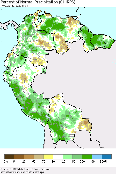 Northern South America Percent of Normal Precipitation (CHIRPS) Thematic Map For 11/21/2021 - 11/30/2021