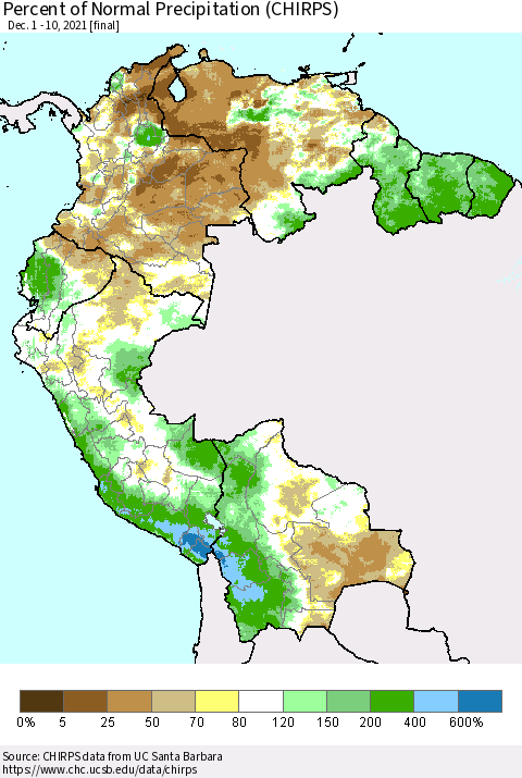 Northern South America Percent of Normal Precipitation (CHIRPS) Thematic Map For 12/1/2021 - 12/10/2021