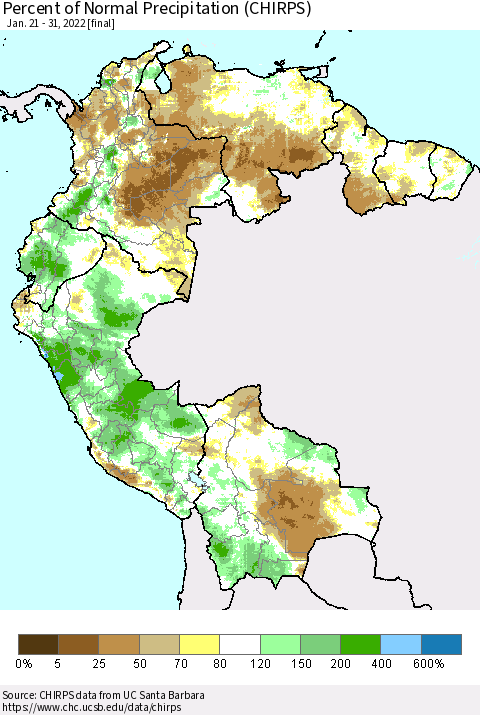 Northern South America Percent of Normal Precipitation (CHIRPS) Thematic Map For 1/21/2022 - 1/31/2022