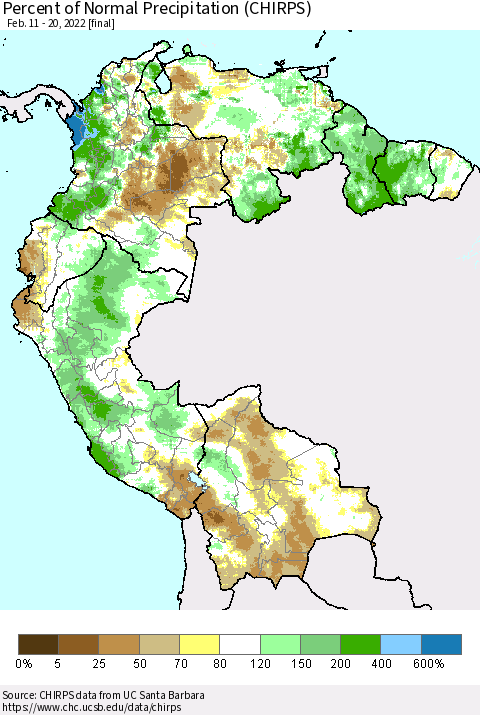 Northern South America Percent of Normal Precipitation (CHIRPS) Thematic Map For 2/11/2022 - 2/20/2022