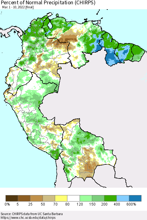 Northern South America Percent of Normal Precipitation (CHIRPS) Thematic Map For 3/1/2022 - 3/10/2022