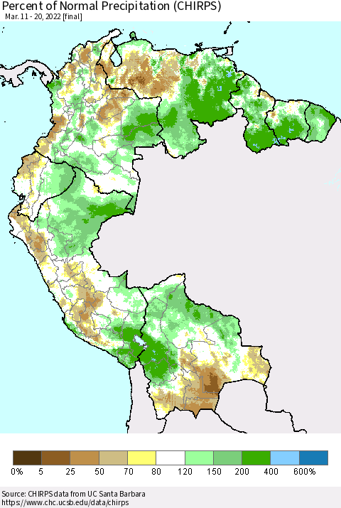 Northern South America Percent of Normal Precipitation (CHIRPS) Thematic Map For 3/11/2022 - 3/20/2022