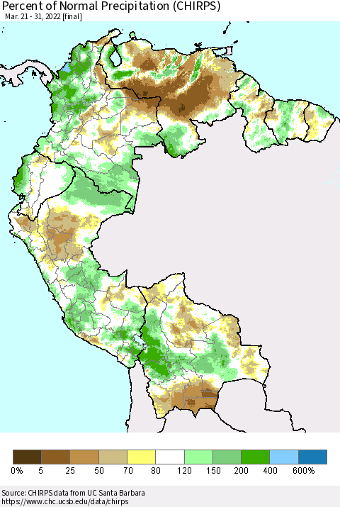 Northern South America Percent of Normal Precipitation (CHIRPS) Thematic Map For 3/21/2022 - 3/31/2022