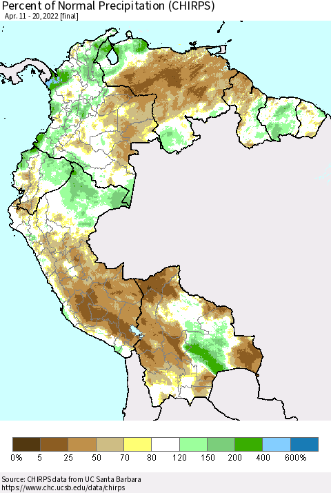 Northern South America Percent of Normal Precipitation (CHIRPS) Thematic Map For 4/11/2022 - 4/20/2022