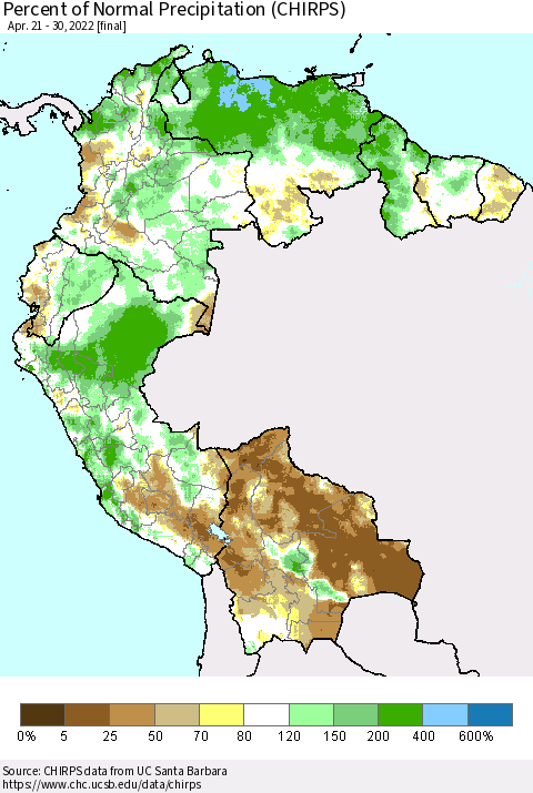 Northern South America Percent of Normal Precipitation (CHIRPS) Thematic Map For 4/21/2022 - 4/30/2022