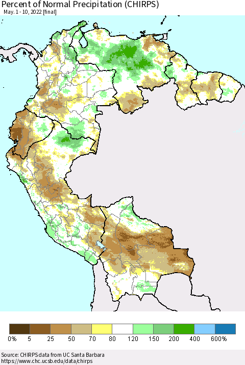 Northern South America Percent of Normal Precipitation (CHIRPS) Thematic Map For 5/1/2022 - 5/10/2022
