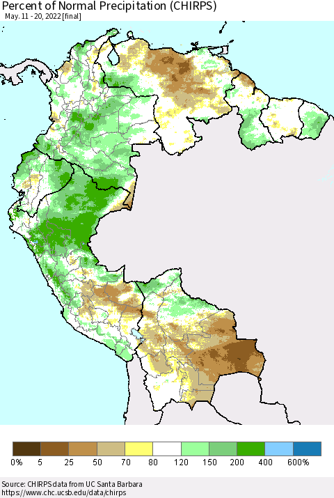 Northern South America Percent of Normal Precipitation (CHIRPS) Thematic Map For 5/11/2022 - 5/20/2022
