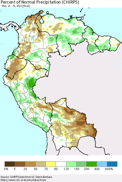 Northern South America Percent of Normal Precipitation (CHIRPS) Thematic Map For 5/21/2022 - 5/31/2022