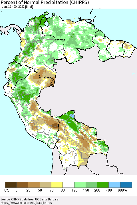 Northern South America Percent of Normal Precipitation (CHIRPS) Thematic Map For 6/11/2022 - 6/20/2022