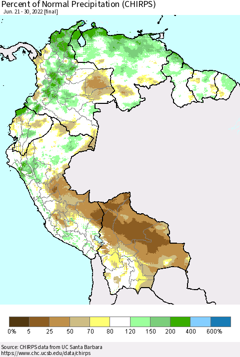 Northern South America Percent of Normal Precipitation (CHIRPS) Thematic Map For 6/21/2022 - 6/30/2022