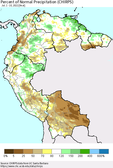 Northern South America Percent of Normal Precipitation (CHIRPS) Thematic Map For 7/1/2022 - 7/10/2022