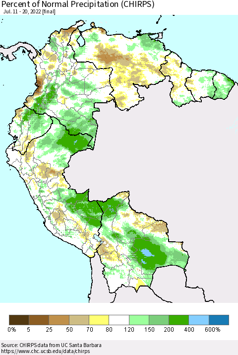Northern South America Percent of Normal Precipitation (CHIRPS) Thematic Map For 7/11/2022 - 7/20/2022