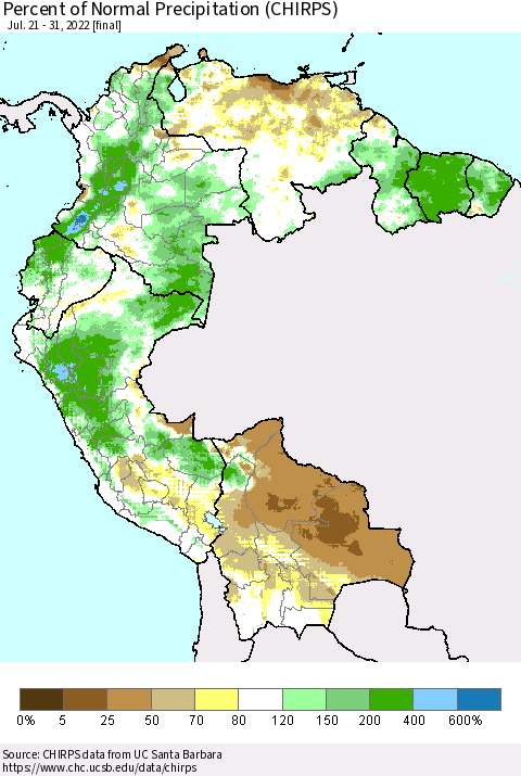 Northern South America Percent of Normal Precipitation (CHIRPS) Thematic Map For 7/21/2022 - 7/31/2022