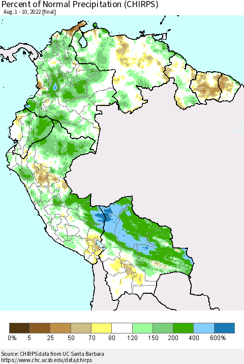 Northern South America Percent of Normal Precipitation (CHIRPS) Thematic Map For 8/1/2022 - 8/10/2022