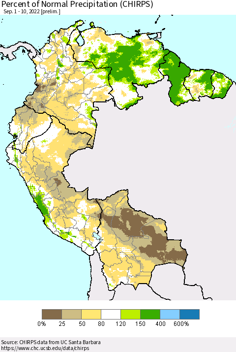 Northern South America Percent of Normal Precipitation (CHIRPS) Thematic Map For 9/1/2022 - 9/10/2022
