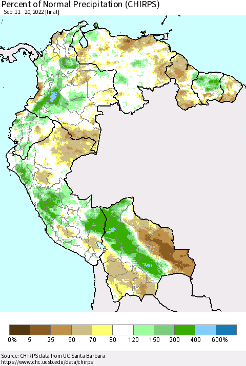 Northern South America Percent of Normal Precipitation (CHIRPS) Thematic Map For 9/11/2022 - 9/20/2022