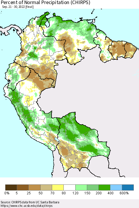 Northern South America Percent of Normal Precipitation (CHIRPS) Thematic Map For 9/21/2022 - 9/30/2022
