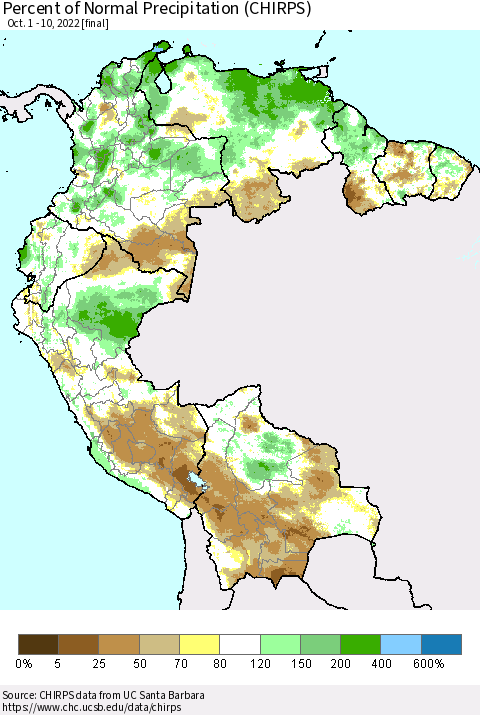 Northern South America Percent of Normal Precipitation (CHIRPS) Thematic Map For 10/1/2022 - 10/10/2022