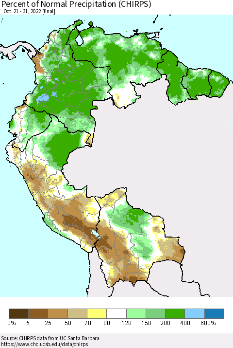 Northern South America Percent of Normal Precipitation (CHIRPS) Thematic Map For 10/21/2022 - 10/31/2022