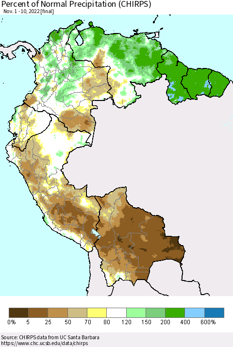 Northern South America Percent of Normal Precipitation (CHIRPS) Thematic Map For 11/1/2022 - 11/10/2022