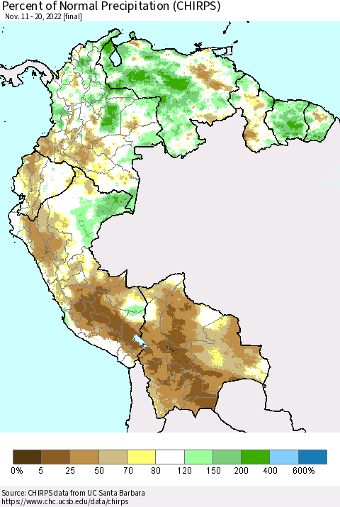 Northern South America Percent of Normal Precipitation (CHIRPS) Thematic Map For 11/11/2022 - 11/20/2022