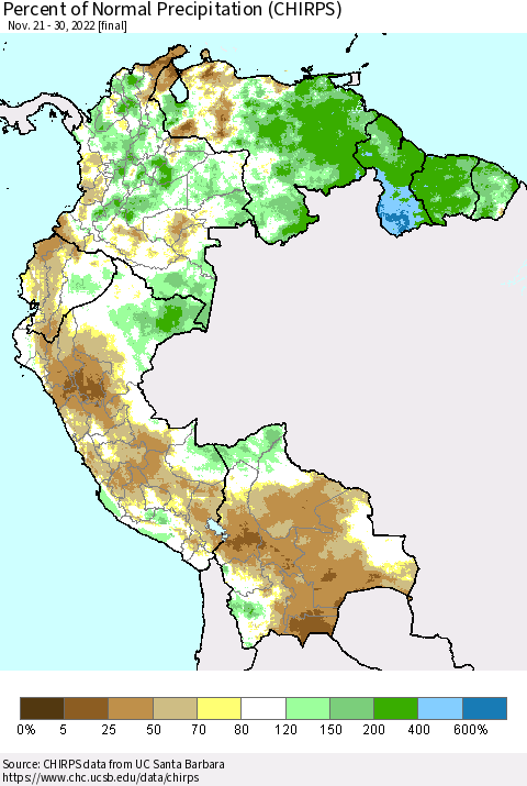 Northern South America Percent of Normal Precipitation (CHIRPS) Thematic Map For 11/21/2022 - 11/30/2022
