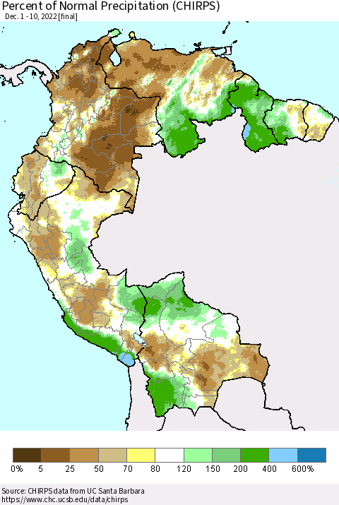 Northern South America Percent of Normal Precipitation (CHIRPS) Thematic Map For 12/1/2022 - 12/10/2022