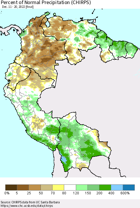 Northern South America Percent of Normal Precipitation (CHIRPS) Thematic Map For 12/11/2022 - 12/20/2022