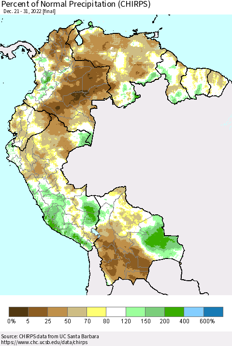 Northern South America Percent of Normal Precipitation (CHIRPS) Thematic Map For 12/21/2022 - 12/31/2022