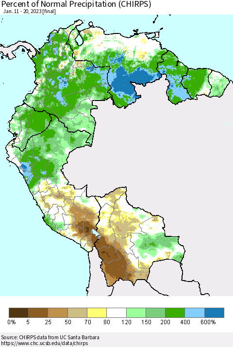 Northern South America Percent of Normal Precipitation (CHIRPS) Thematic Map For 1/11/2023 - 1/20/2023