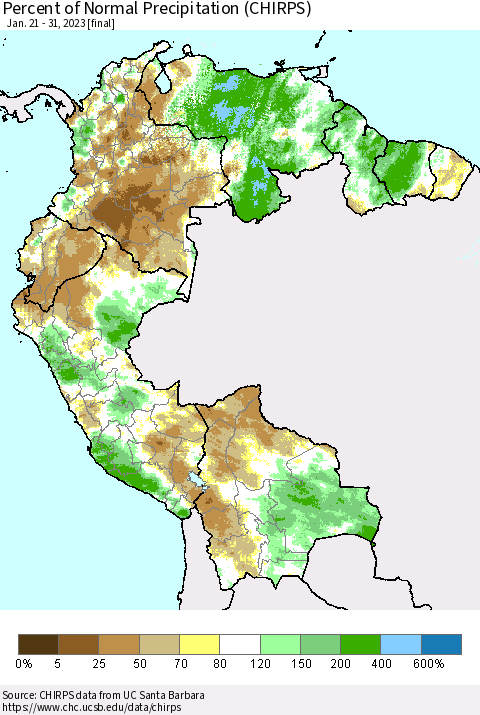 Northern South America Percent of Normal Precipitation (CHIRPS) Thematic Map For 1/21/2023 - 1/31/2023