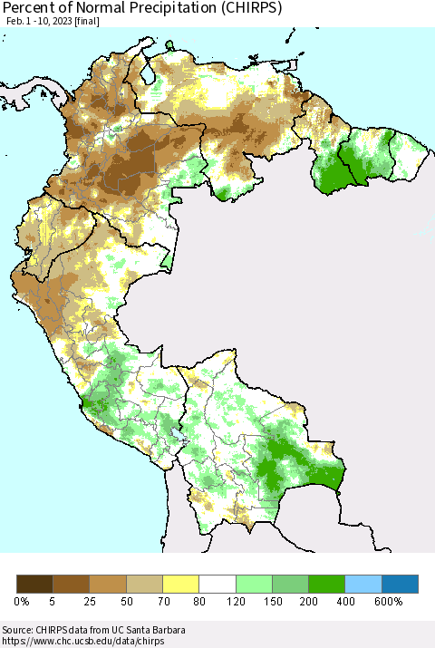 Northern South America Percent of Normal Precipitation (CHIRPS) Thematic Map For 2/1/2023 - 2/10/2023