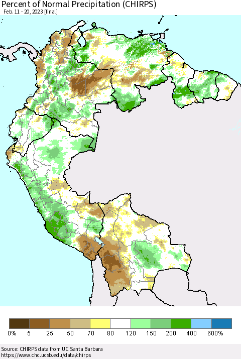 Northern South America Percent of Normal Precipitation (CHIRPS) Thematic Map For 2/11/2023 - 2/20/2023