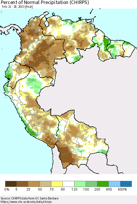Northern South America Percent of Normal Precipitation (CHIRPS) Thematic Map For 2/21/2023 - 2/28/2023