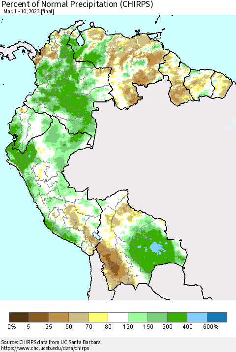 Northern South America Percent of Normal Precipitation (CHIRPS) Thematic Map For 3/1/2023 - 3/10/2023