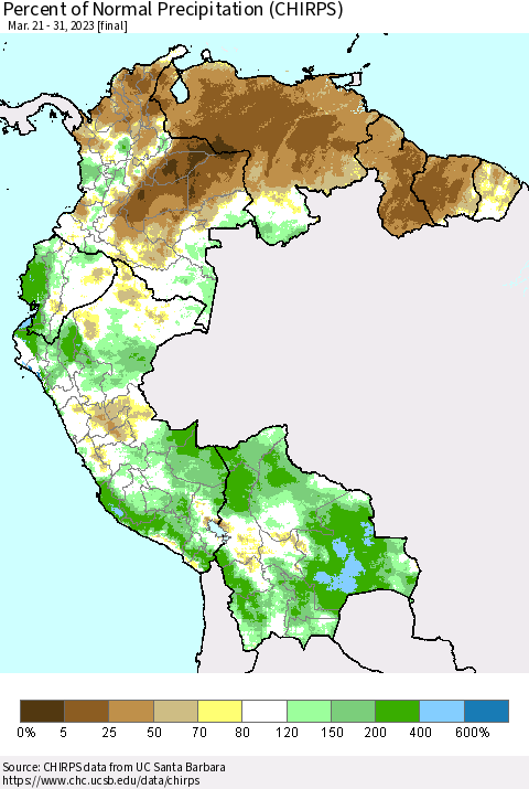 Northern South America Percent of Normal Precipitation (CHIRPS) Thematic Map For 3/21/2023 - 3/31/2023