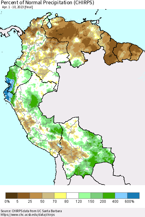Northern South America Percent of Normal Precipitation (CHIRPS) Thematic Map For 4/1/2023 - 4/10/2023