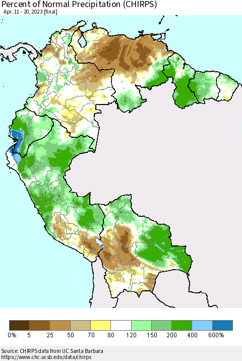 Northern South America Percent of Normal Precipitation (CHIRPS) Thematic Map For 4/11/2023 - 4/20/2023
