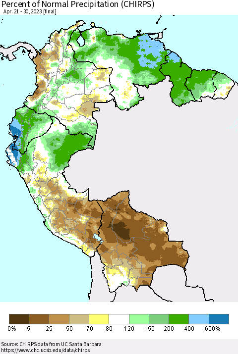 Northern South America Percent of Normal Precipitation (CHIRPS) Thematic Map For 4/21/2023 - 4/30/2023