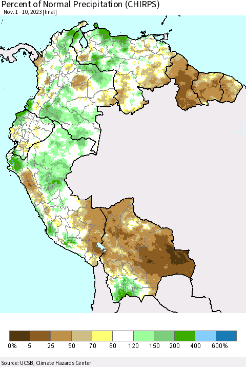 Northern South America Percent of Normal Precipitation (CHIRPS) Thematic Map For 11/1/2023 - 11/10/2023