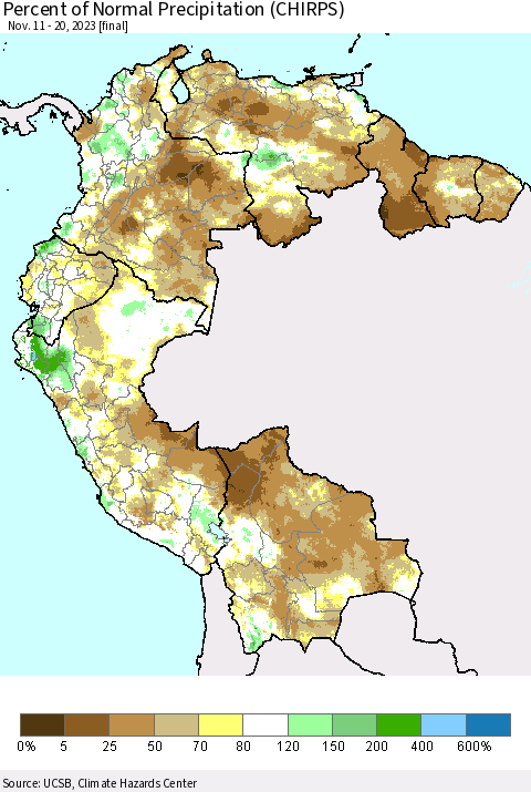 Northern South America Percent of Normal Precipitation (CHIRPS) Thematic Map For 11/11/2023 - 11/20/2023
