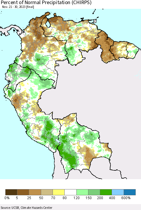 Northern South America Percent of Normal Precipitation (CHIRPS) Thematic Map For 11/21/2023 - 11/30/2023