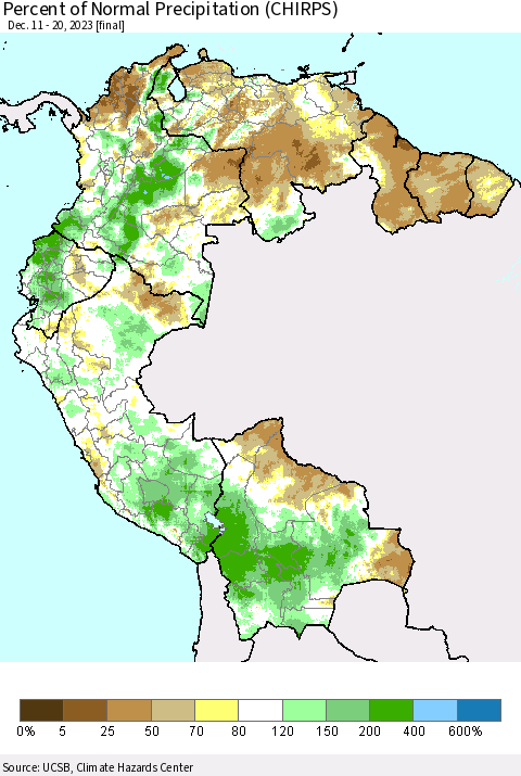 Northern South America Percent of Normal Precipitation (CHIRPS) Thematic Map For 12/11/2023 - 12/20/2023