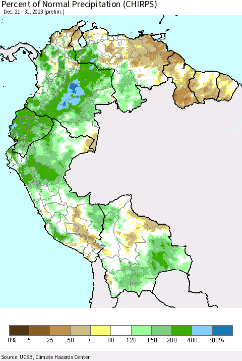 Northern South America Percent of Normal Precipitation (CHIRPS) Thematic Map For 12/21/2023 - 12/31/2023