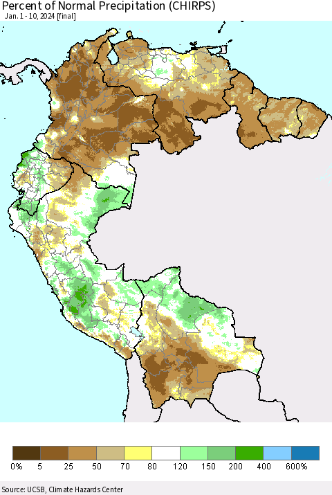 Northern South America Percent of Normal Precipitation (CHIRPS) Thematic Map For 1/1/2024 - 1/10/2024