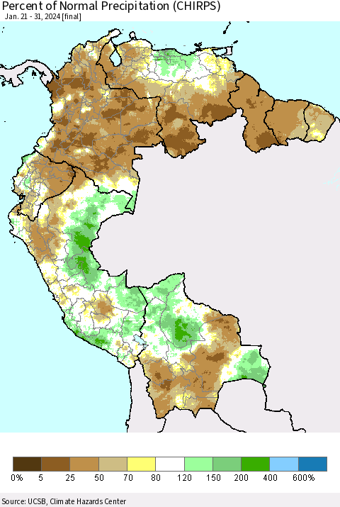 Northern South America Percent of Normal Precipitation (CHIRPS) Thematic Map For 1/21/2024 - 1/31/2024
