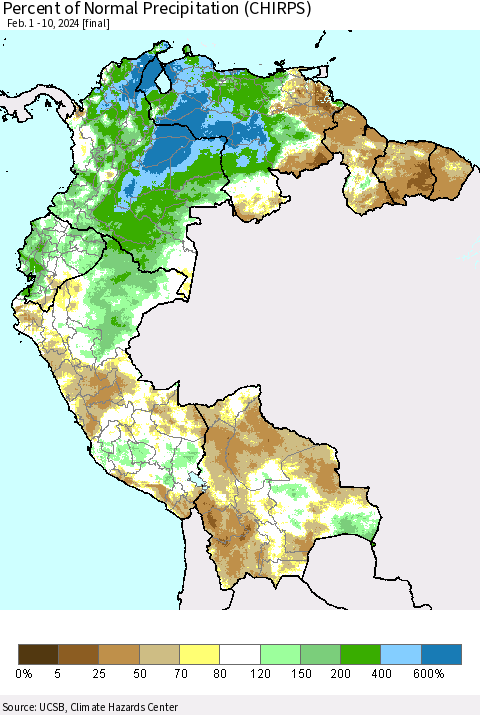 Northern South America Percent of Normal Precipitation (CHIRPS) Thematic Map For 2/1/2024 - 2/10/2024
