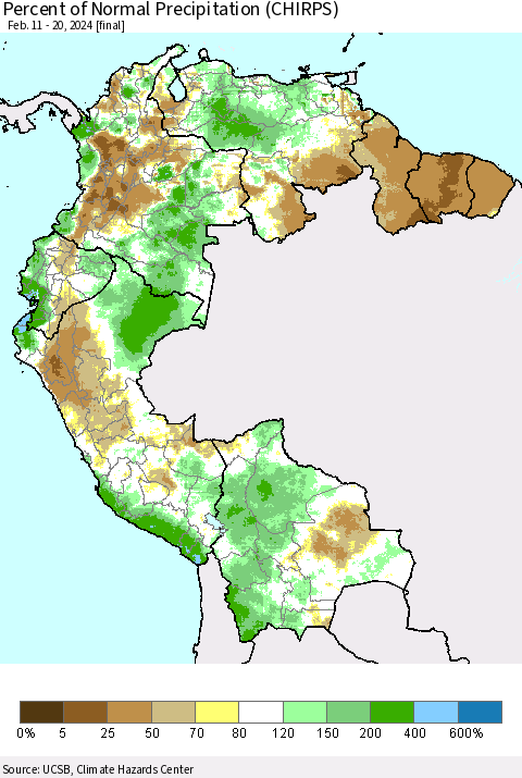 Northern South America Percent of Normal Precipitation (CHIRPS) Thematic Map For 2/11/2024 - 2/20/2024