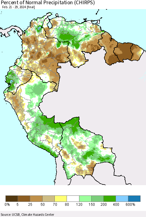 Northern South America Percent of Normal Precipitation (CHIRPS) Thematic Map For 2/21/2024 - 2/29/2024