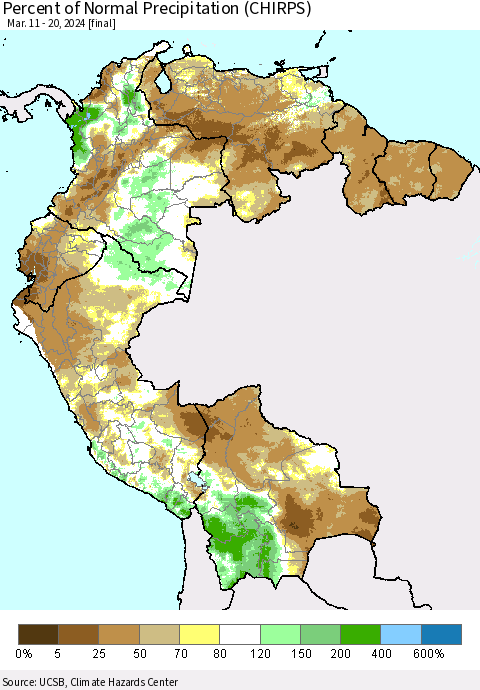 Northern South America Percent of Normal Precipitation (CHIRPS) Thematic Map For 3/11/2024 - 3/20/2024